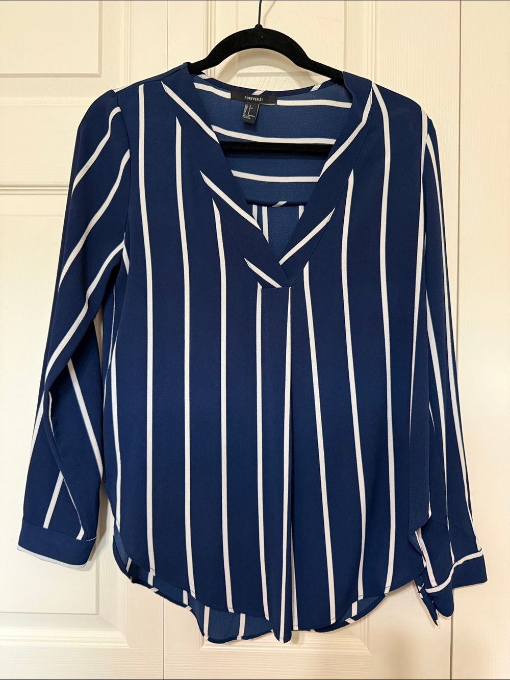 Forever 21 Navy and White Vertical Stripe V-Neck Blouse